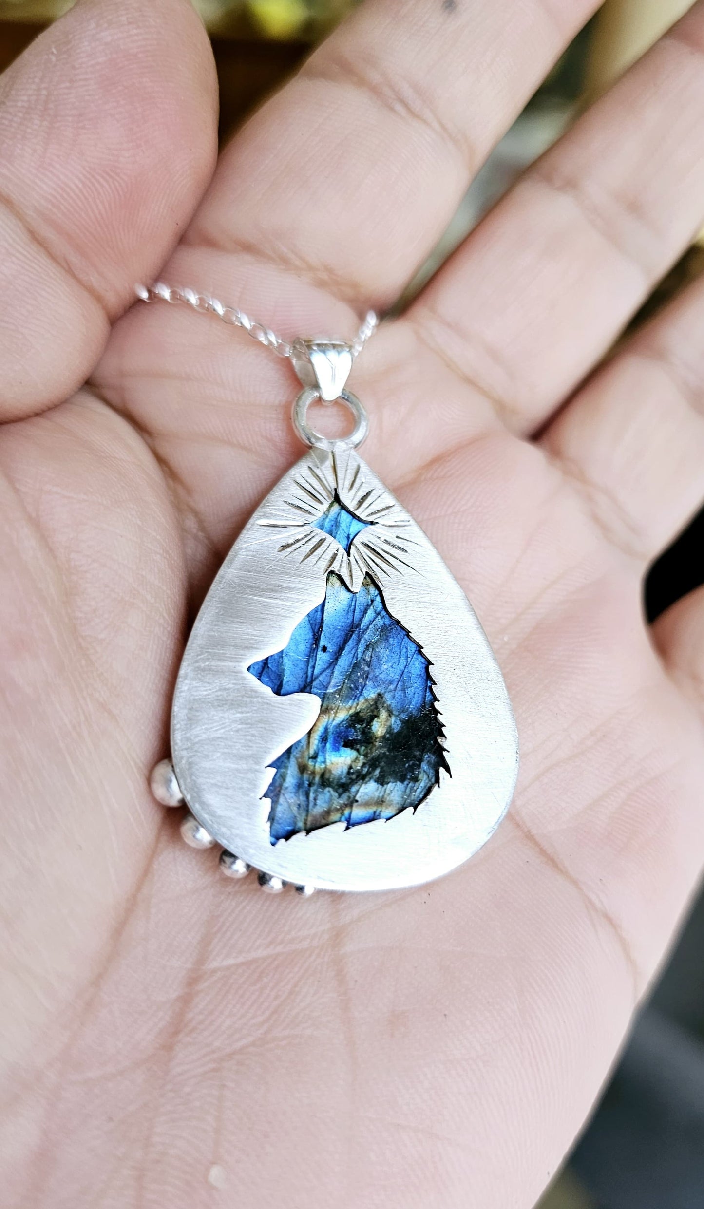 Collier 0067 en argent 925 avec Labradorite Bleue et Plume d'Ange