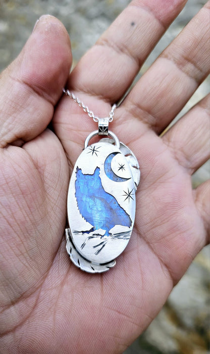 Collier 0068 en argent 925 avec Pierre de Lune et Plumes Sculptées
