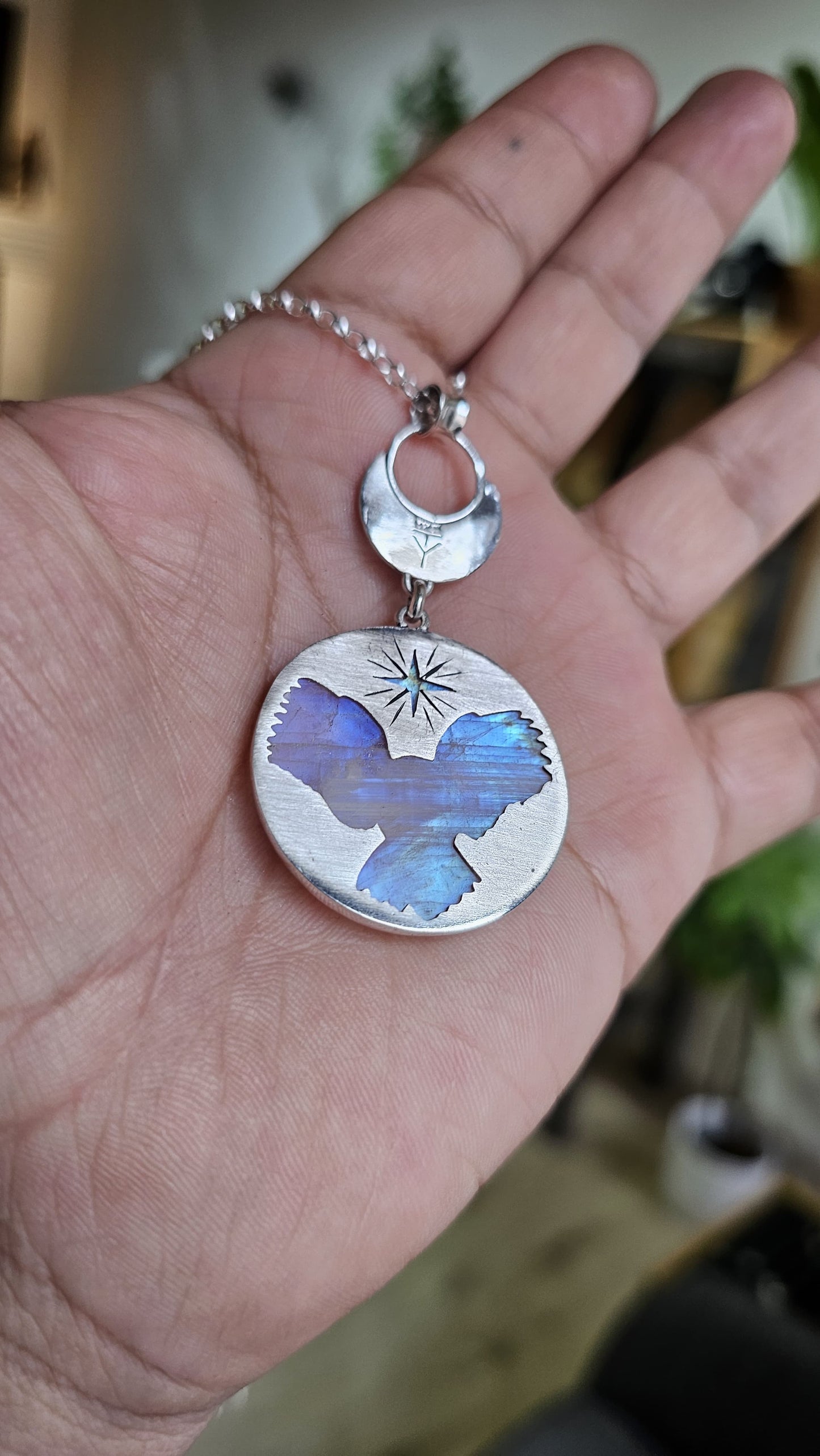 Collier 0069 en argent 925 avec Pierre de Lune et Croissant de Lune Sculpté