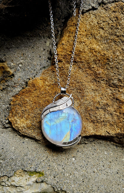 Collier 0073 en argent 925 avec Pierre de Lune et Détails de Plumes