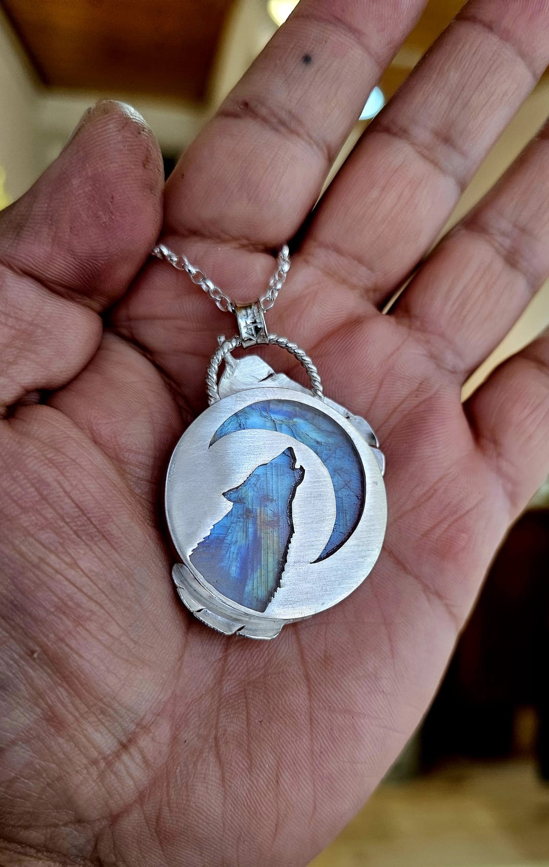 Collier 0073 en argent 925 avec Pierre de Lune et Détails de Plumes