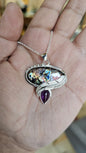Collier artisanal #0077 en argent 925 avec Labradorite Pourpre, Améthyste et Plume Sculptée