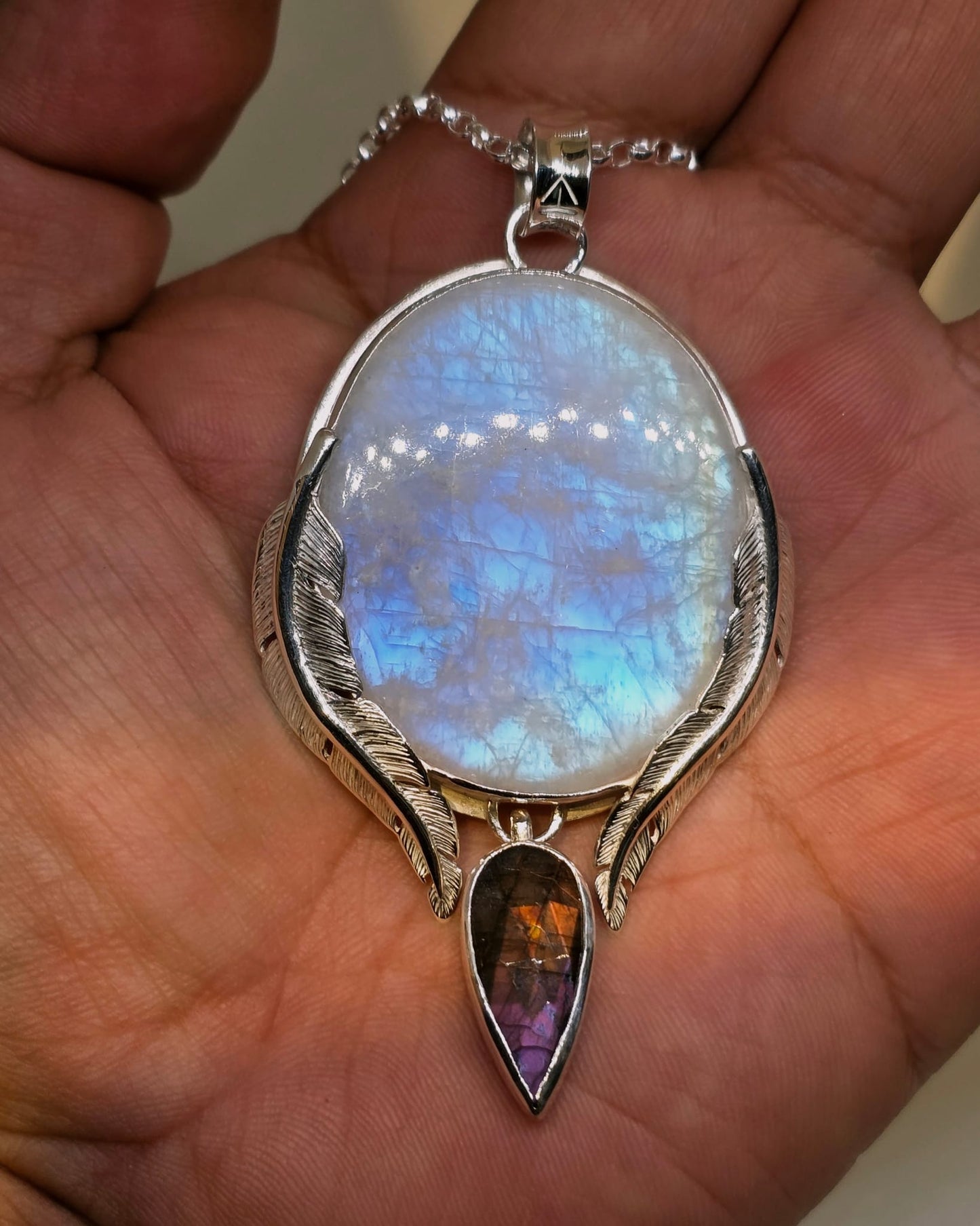Collier artisanal en argent 925 Pierre lune arc en ciel – Pièce Unique !!