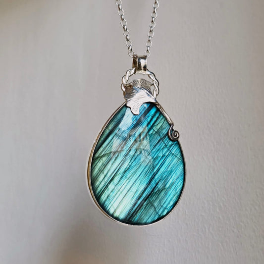 Collier artisanal en argent 925 Pierre labradorite turquoise – Pièce Unique !!