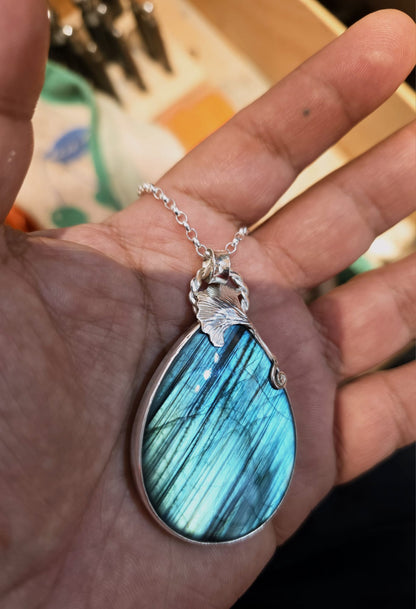 Collier artisanal en argent 925 Pierre labradorite turquoise – Pièce Unique !!