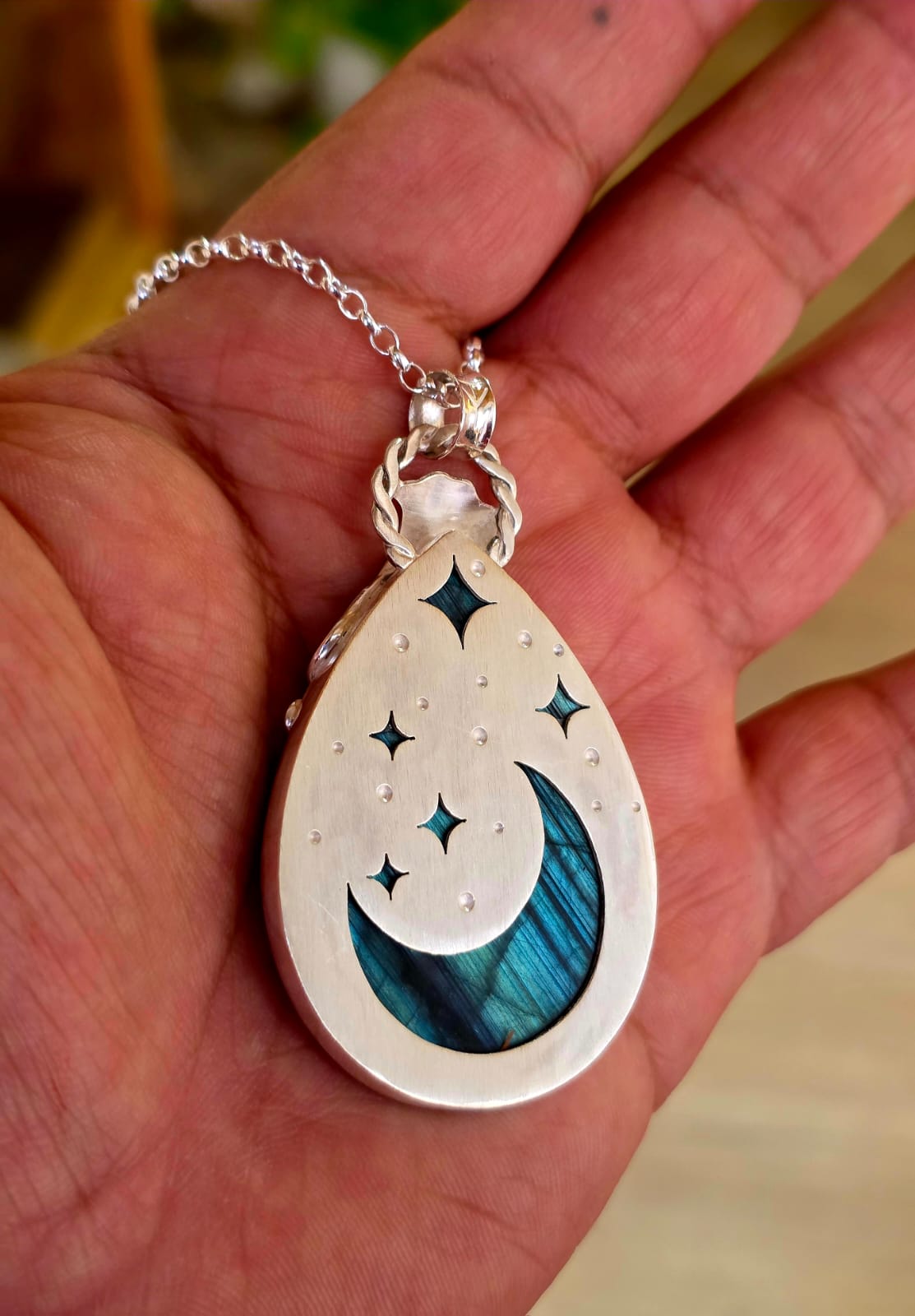 Collier artisanal en argent 925 Pierre labradorite turquoise – Pièce Unique !!