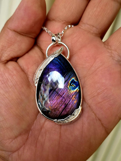 Collier artisanal en argent 925 Pierre labradorite Violette – Pièce Unique !!