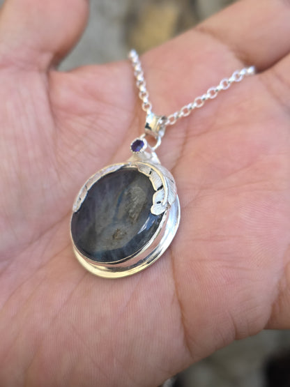 Collier artisanal en argent 925 Pierre labradorite Violette et Améthyste  – Pièce Unique !!