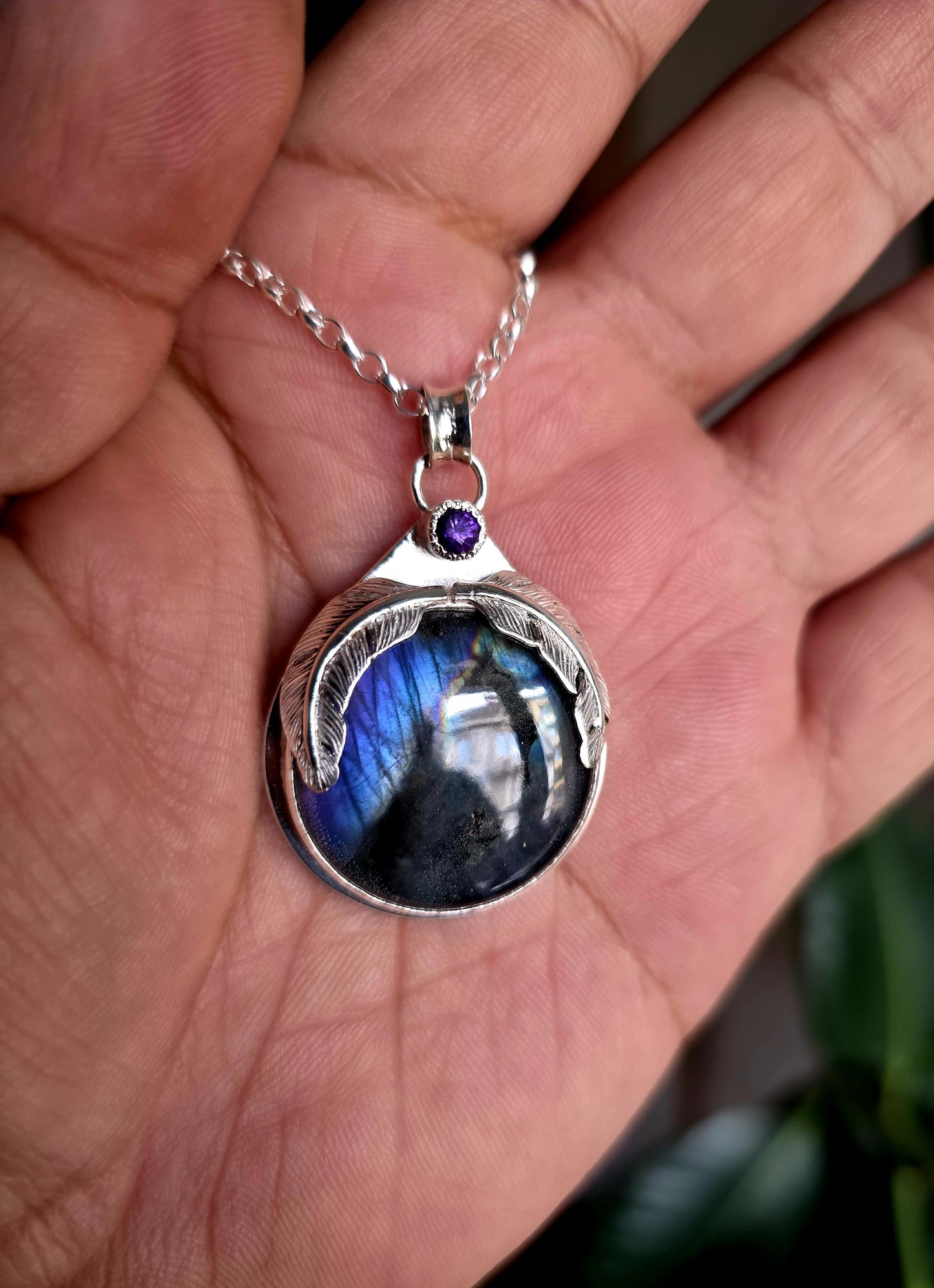 Collier artisanal en argent 925 Pierre labradorite Violette et Améthyste  – Pièce Unique !!