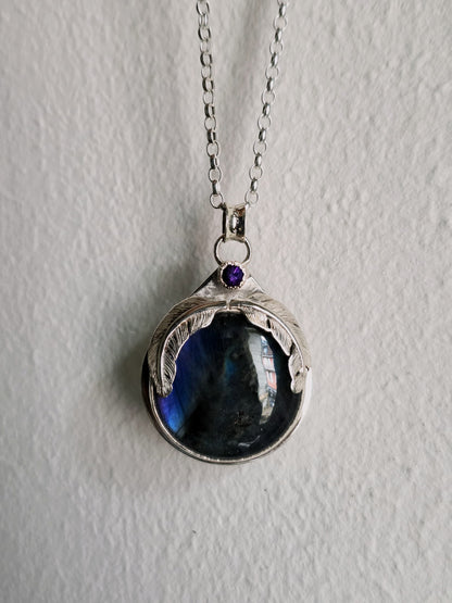 Collier artisanal en argent 925 Pierre labradorite Violette et Améthyste  – Pièce Unique !!