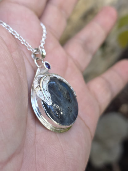 Collier artisanal en argent 925 Pierre labradorite Violette et Améthyste  – Pièce Unique !!